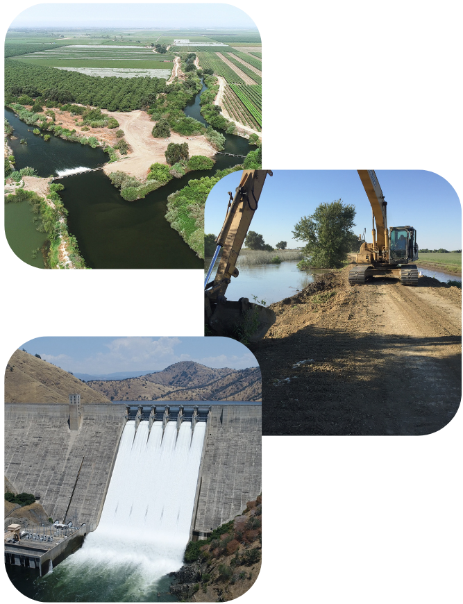 Three Pictures that include the Kings River, Pine Flat Dam, and construction machinery on the levee