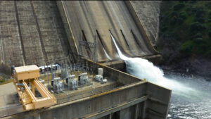 Aerial view of the Jeff L. Taylor Pine Flat Power Plant at the base of Pine Flat Dam.